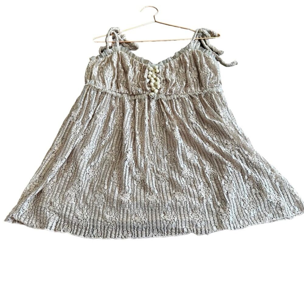 T. Bleu tiered Lace Pom detail rose gold shimmer babydoll blouse size large